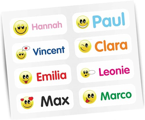 Indigos UG - Namensaufkleber Kinder Schule - ab 35 Sticker 35x10mm - Emoji weiß - Aufkleber selbst gestalten für Wäscheetiketten & feste Dinge, Namensetiketten Kindergarten
