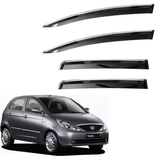 Image of CAR SAAZ Unbreakable Chrome Smoke Door Visor for Indica Vista | Premium Sun, Rain Wind Deflector Chrome Strip Side Door Rain Visor - Set of 4 Pcs
