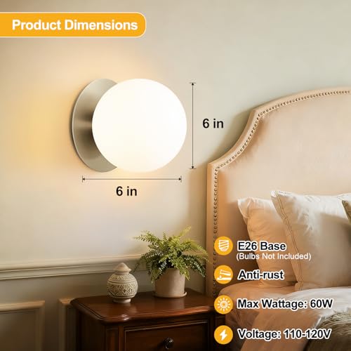 Image of 2 Pack Modern Brushed Nickel Wall Light Fixtures, Mid-Century Globe Glass Wall Sconces Set of Two for Bathroom Mirror, Living Room, Hallway, Entryway (Bulbs Not Included)