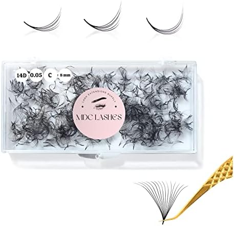 MDC LASHES Promade Fans Eyelash Extensions 500fans 0.05-0.07 Thickness, C/CC/D Curl, 8-16mm 14D Volume Eyelash Extensions Short Stem Soft Promade Fans Eyelash Extensions, Long Lasting, Easy Application