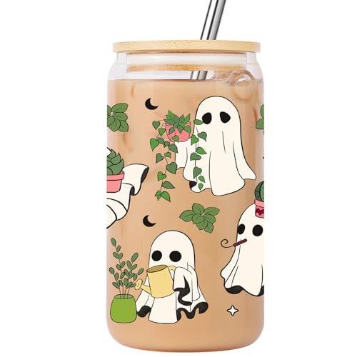 Lovearth Cute Ghost Plant Glass Cup w/Lid & Straw, 16 oz Iced Coffee Cup, Spooky Gardening Gifts, Halloween Gifts for Plant Lovers, Gardeners, Boo Basket Stuffers for Women, Men, Adults, Teen Girls