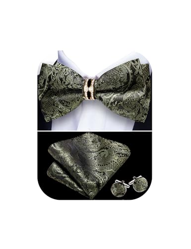 Image of YOHOWA Mens Bow Tie Set Paisley Pre-tied Bowties Adjustable with Handkerchief Cufflinks Gold Ring Set Wedding Prom Party