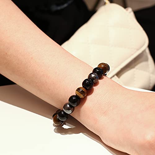 Fishent Triple Protection Bracelet, Black Obsidian Hematite Bracelet, Bring Lucky And Prosperity, Tiger Eye Beaded Bracelets For Men And Women, Good Luck Crystal Bracelet Adjustable Elastic #TOP4