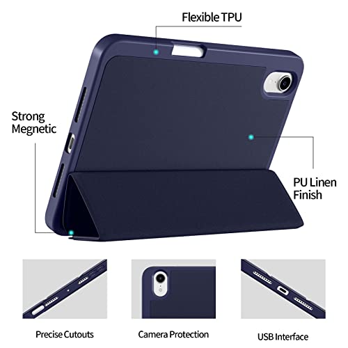 Akkerds Compatible For Ipad Mini 6 Case 2021 8.3 Inch With Pencil Holder, [Auto Wake/Sleep][Soft Tpu Back], Trifold Stand Protective Cover Compatible For Ipad Mini 6Th Generation Case, Navy #TOP2