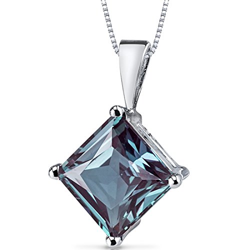 Peora Created Alexandrite Pendant in 14 Karat White Gold, Classic Solitaire, Princess Cut, 8mm, 3 Carats total