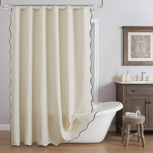 LilyCat Scalloped Shower Curtain with 12 Clear Hooks Linen Textured Waterproof Heavy Duty Thick Fabric with Black Border Neutral Boho Farmhouse Bathtub Shower Curtain 72 x 72 Beige
