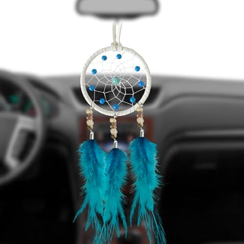 Dream Catcher for Car Rearview Mirror Hanging Decor Small Handmade Feather Blue for Kids Bedroom Cover