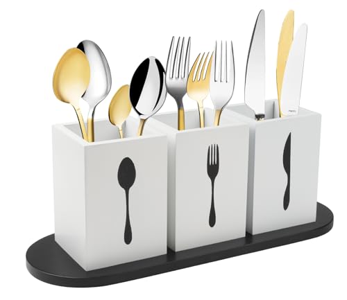 Gzsekken Kitchen Utensils Holder,4 Pcs Caddy Organiser for Countertop with Wooden Tray,White Cutlery Caddy Utensil Storagae Holder for Cooking Tools Spoon Fork Holder for Kitchen Parties