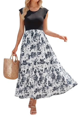 Image of OUGES Women's Maternity Dress Summer Ruffle Sleeve Patchwork Casual Flowy Maxi Dresses with Pockets