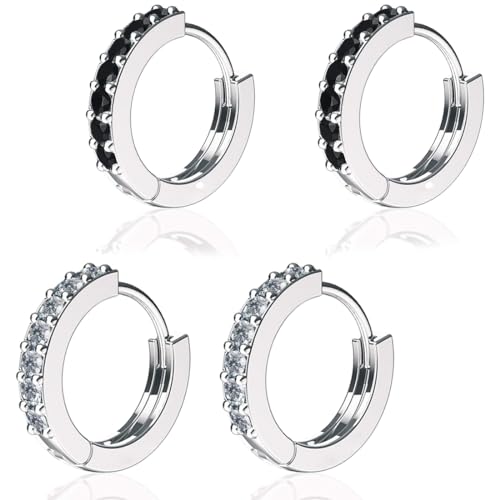Orecchini a Cerchio CUHZA - 2 paia di Orecchini Cerchio in Acciaio Inox - Stile Diamante Bianco e Diamante Nero - 13mm