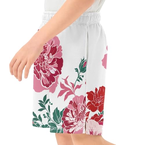 CHIFIGNO Red Pink Flowers Breathable Pull-On Kids Shorts, Knee-Length School Boys Beach Shorts XS4