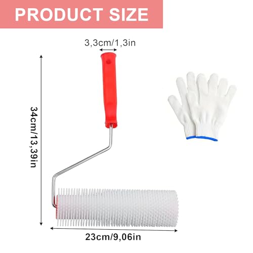 Entlüftungsroller Stachelwalze, 23 cm Stachelwalze, Stachellänge 14mm, Stachelwalze für Ausgleichsmasse, mit Handschuhe, Zum Entgasen von Bodenbeschichtungen und Glätten von Oberflächen
