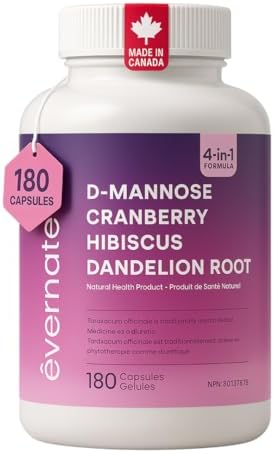 D-Mannose 1000mg with Cranberry (2 Capsules per Daily Serving) – 4-in-1 UTI & Bladder Cleanse with Hibiscus & Dandelion – 180 Vegan Capsules – Made in Canada