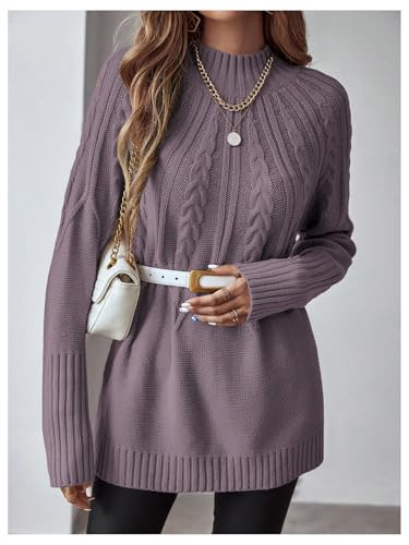 Image of Verdusa Women's Cable Knit Chunky Sweaters Mock Neck Long Sleeve Pullovers Tunic Top Purple Medium