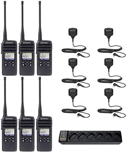 Super Cheap 🛒 Motorola DTR700 50 Channel 1 Watt 900MHZ License Free Digital Two Way Radio with HKLN4606 Speaker Microphone and PMPN4465 Multi Unit Charger (6 Pack)