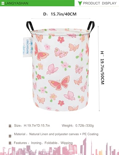 Image of Round Laundry Basket Collapsible Storage Hamper Organizer Pink Butterfly | Waterproof Canvas Foldable Baskets with sturdy Handles Multi-scene Organizer for Home Play Bedroom Gift Bin