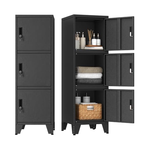 Image of PAOFIN Metal Narrow Storage Lock Cabinet | 47 inch Filing Cabinets with 3 Locker Drawers for Home Office, Bathroom, Living Room, Dinning Room (Black)