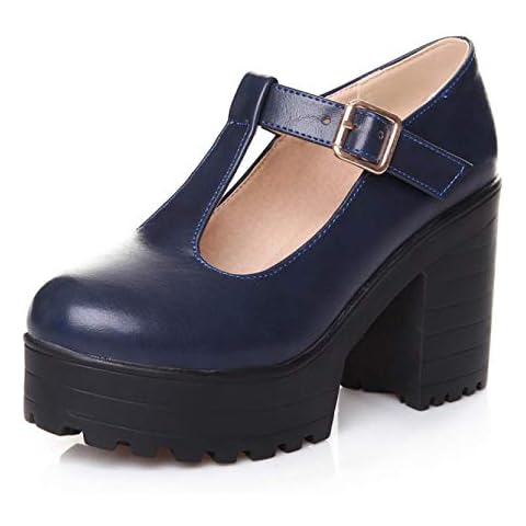 Women Classic T-Strap Block Heel Pumps Retro Round Toe Buckled Mary Jane Ladies High Heels Daily Office Shoes Blue Cover