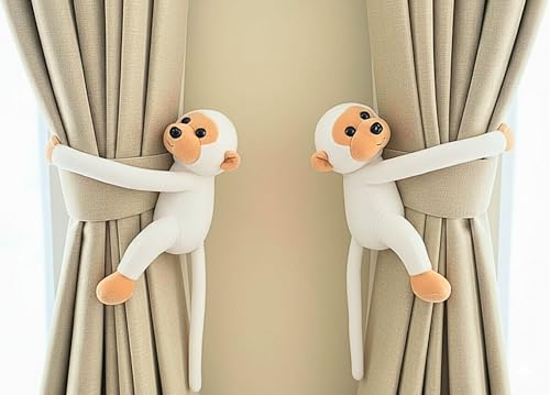 Image of Tickles 2 Pcs Monkey Soft Plush Toy Curtain Tiebacks Holder Clip for Children Living Room Decoration Accessories Window Curtain Decoration (Size: 28 cm Color: White)