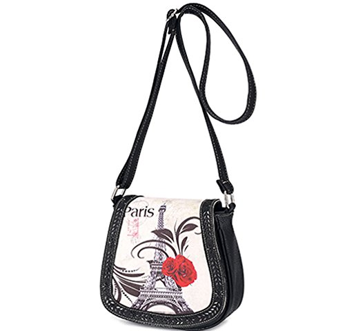 BIBITIME Hollow Leaves Paris Tower Flower Print Beach Shoulder Crossbody Messenger Bag Cross Body Bag Travel Bag Back to School University/College Campus Bag Shopping Bag,Black