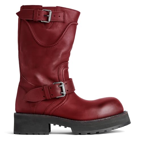 Motorcycle Riding Knee High Boots for Women Round Toe Buckle Strap Mid Calf Boots Chunky Heel Lug Sole Biker Motor Long Boots for Causal Vacation2