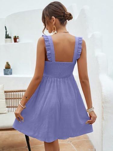 Image of SISKIN Women's Summer Spaghetti Strap Sleeveless Square Neck Ruffle A Line Swing Mini Dress 2025