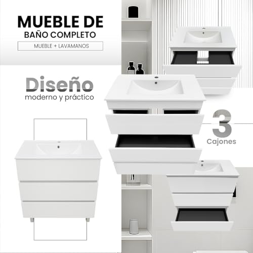 EL BAÑO MODERNO Juego Mueble Baño con Lavabo. Mueble Lavabo 80 cm. Mueble Bajo Lavabo Compacto Preinstalado de Fábrica. Mueble Baño con Lavabo 80 cm con Pie de Porcelana. No Incluye Espejo. - imagen 2