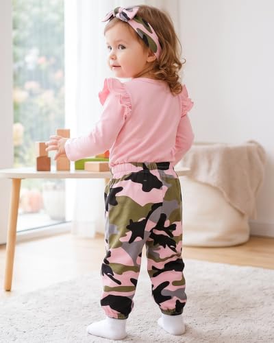 Image of Newborn Baby Girl Clothes Letter Print Long Sleeve Bodysuit Ruffle Floral Pants with Headband 3Pcs Infant Girl Outfits Set