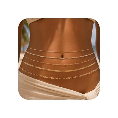 Image of VAMA FASHIONS 18K Gold Plated Belly Chain Anti Tarnish Adjustable Waist Hip Belt Beads Herringbone Saree Kamarbandh Beach Body Chain Combo Jewelry for Women & Girls