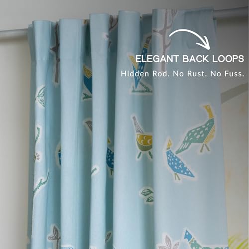 Image of Tranquebar Curtain Co. Window Curtains 5 Feet, 60-65% Room Darkening, Multicolor(Blue) Bird Print, Cotton Curtains for Window, BackTab Loops, Design Shiri (152 cm) - Set of 2