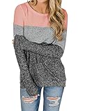 Minthunter Women's Long Sleeve Color Block Cute Shirt Round Neck Casual Tops (Pink-Charcoal, Large)