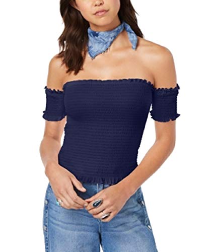 Almost Famous Juniors' Smocked Off-The-Shoulder Crop Top (Navy, XS)