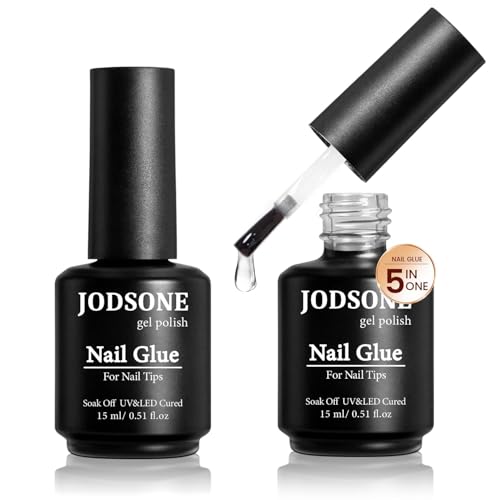 JODSONE 2 Pcs 15ml Gel Nail Glue, 5 in 1 Nail Glue Kit for Acrylic Nails, Super Strong Brush in Nail Gel Glue for False Nails Tips