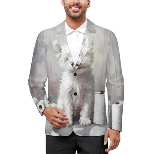 White Terrier Puppy Sitting on The Bathroom Classic Suits Blazer for Men Business Tuxedo Jacket Sport Coat Two Buttons
