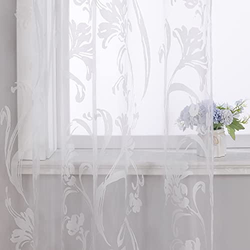 CORLIF Voile Gardine mit Schlaufen Vorhang Ausbrenner Muster Transparente Gardinen Wohnzimmer Schlafzimmer Gardinenschals Weiß BxH 140x225cm 1 Stück