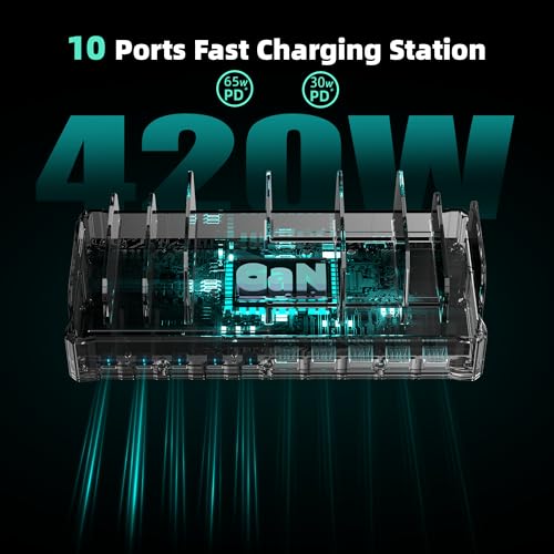 Image of 420W Charging Station for Multiple Devices, Zobirez 10-Port USB C Fast Charger Stations for MacBook, iPhone, Android Cell Phone, iPad, Tablet, Family Multi-Device Organizer Charging Dock, White