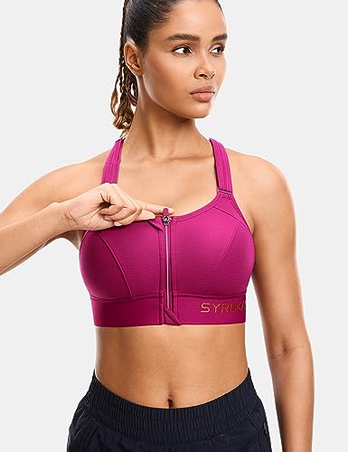 Image of SYROKAN Womens' Sports Bra High Impact Support Zip Front Adjustable Large Bust Racerback Wirefree Padded