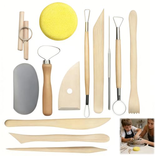 13 Pcs Kit Outils Poterie, Argile Autodurcissante Outils de Sculpture pour Poterie Enfant et Adulte Kit Argile Autodurcissante pour Tour de Potier Pate...