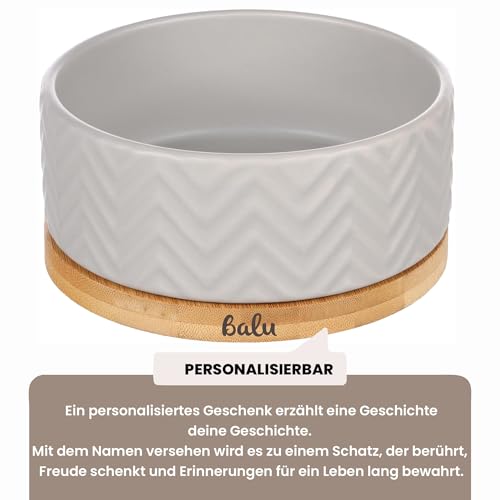 Personalisierter Bianco Keramiknapf 990 ml Bambus Grau – rutschfest, leicht & hygienisch – Futter- und Wassernapf – für mittelgroße Hunde und große Katzen – personalisiert mit Namen – Petslino