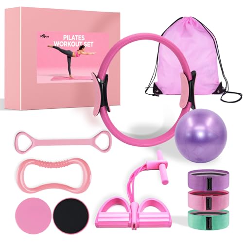 10 Pcs Pilates Kit Essentials Workout Set with 13 Circle Yoga Ring 10 Ball Figure-8 Band Stretch Strap Arm Trainer and Resistance Bands for Women at Home Pilates Equipment for Beginners Toning