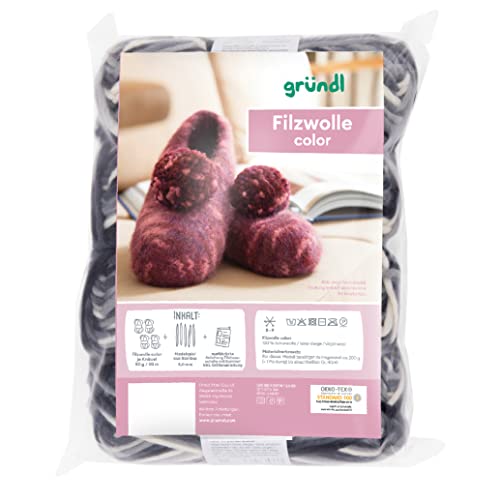 Gründl Wolle Filzwolle color - Dicke Wolle zum Filzen in der Waschmaschine für 1 Paar Hausschuhe mit Anleitung und Nadel - Weich und hautfreundlich - 100% Schurwolle - 4 Knäuel 50 g/50 m - Schwarz