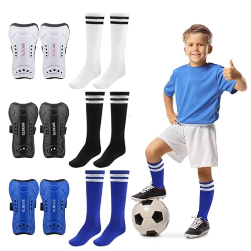 3 Pairs Soccer Shin Guards for Kids Youth+ 3 Pairs Long Soccer Socks Flexible Football Shin Pads Shin Protectors for 6-15 Years Old Boys Girls Children Teenagers for Boys and Girls for Football Games