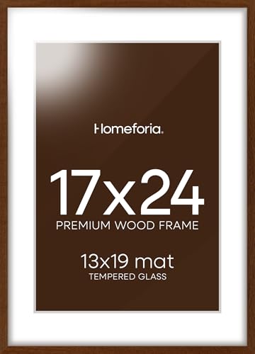 Image of Homeforia 17x24 Picture Frame Brown, High End Dark Oak 17x24 Poster Wood Frame with Mat 13x19 for Photo, 17 x 24 Wooden Walnut Frame Matted to 13 x 19, 24x17 Frames, Tempered Glass, Wall Kit, Set of 1