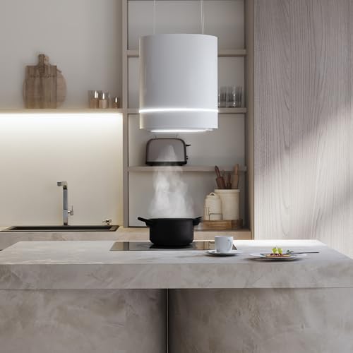 Cecotec Runde Insel-Dunstabzugshaube 44 cm Bolero Flux Cre 448000 White A++. Weiße Optik, Saugleistung 800 m³/h, 210-W-Motor, Elektronische Steuerung, Beleuchtung, Kohlefilter