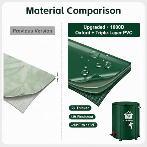 53 Gallon Collapsible Rain Water Barrel, Portable Rainwater Collect System Water Storage Tank Rain Barrel with Filter, Spigot & Overflow Kit (Reinforced Liner+Thickened Legs) - Green by Curifurn - Image 4