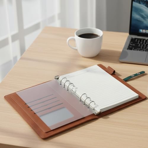 Image of A5 Refillable Leather Diary | 6-Ring Binder Notebook with Card Holder, Pen Loop & Strap | PU Leather Office Diary | Business Planner, Personal Writing Journal for Men & Women