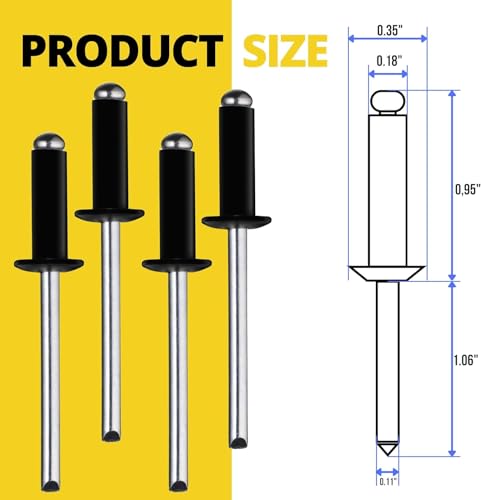 Image of 100PCS Aluminum Pop Rivets 3 /16 x 1'' Black - Assortment Kit Black Aluminum Rivets Closed End with Big Head for DIY & Industrial Use