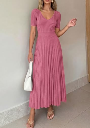 Image of PRETTYGARDEN Women's 2026 Spring Midi Sweater Dresses Elegant Pleated Ribbed Knit Short Sleeve V Neck A Line Summer Outfits
