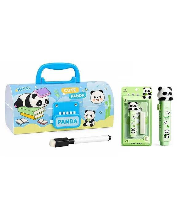 Image of Invite New Cartoon Theme Pencil Box with Push Pull Eraser Set for Kids | Suitcase Style Password Lock Stationery Organizer | School Supplies Gift Combo for Boys & Girls (Cute Panda Blue + Eraser)