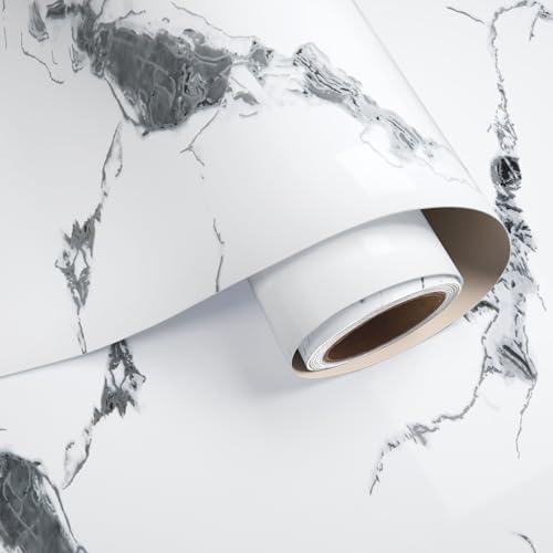 VaryPaper White Grey Marble Effect Self Adhesive Vinyl Wallpaper 40cmx200cm Marble Contact Paper for Kitchen Countertops White Marble Sticky Back Plastic Furniture Wrap Worktop Vinyl Covering Cabinet